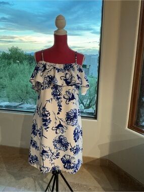 Lauren Ralph Lauren White and Blue Off-Shoulder Floral Midi Dress